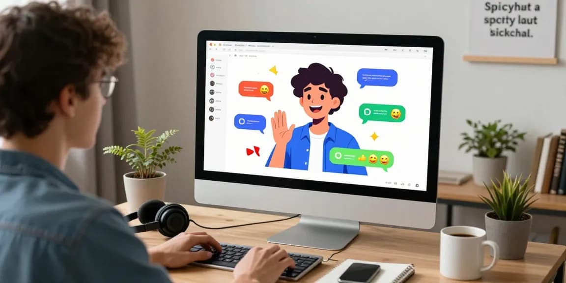Engaging spicychat AI chatbot interaction in a cozy home office environment.