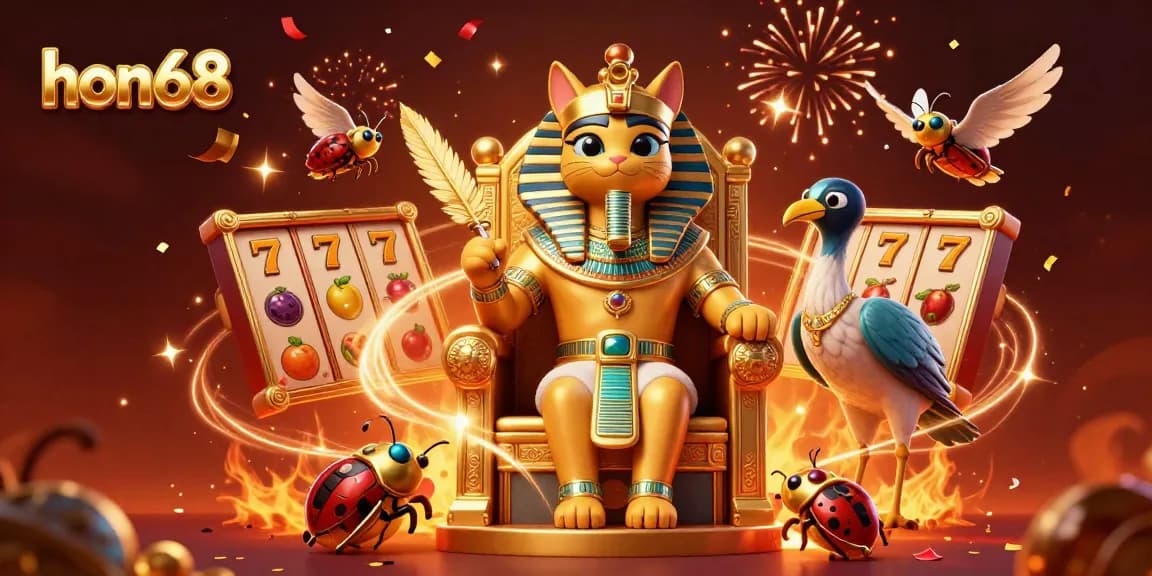 Experience exciting gameplay at hon68 with a cartoon pharaoh cat surrounded by slot elements and festive decorations.