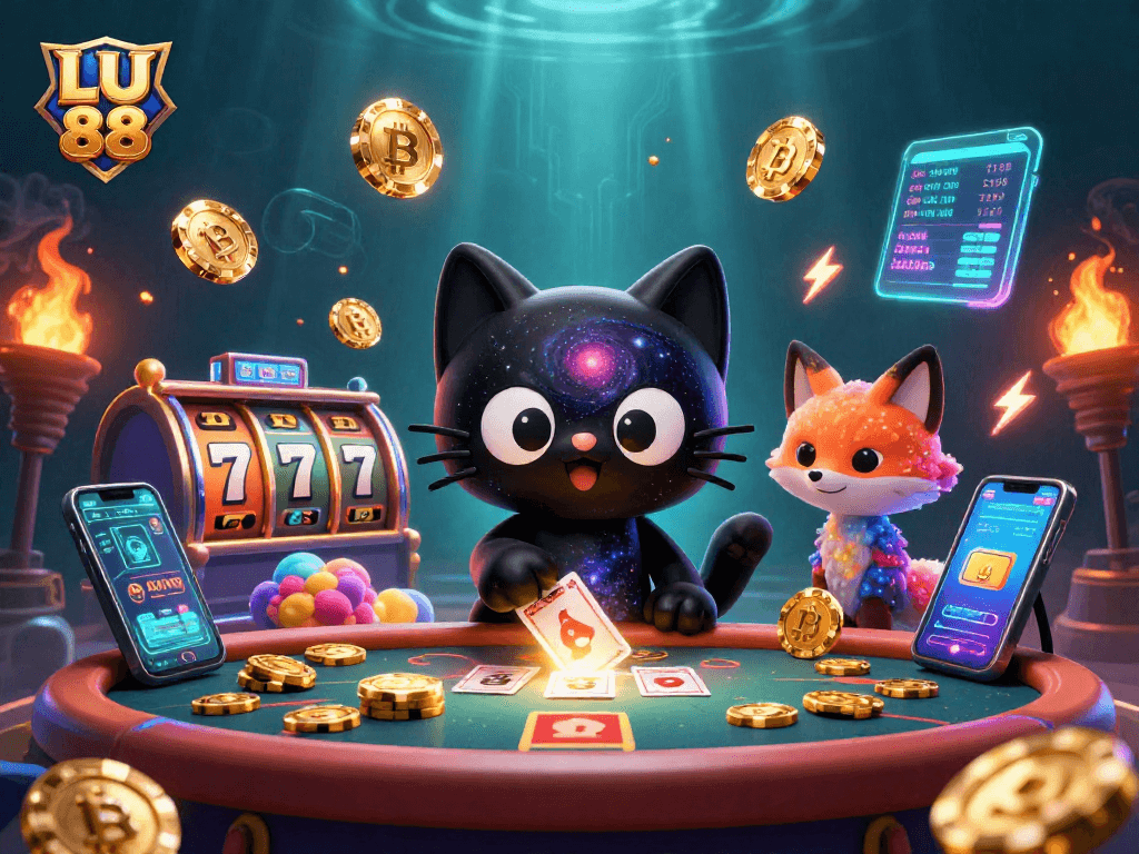 Experience the thrilling LU 88 cosmic casino as characters engage in exciting games with vibrant graphics and neon elements.