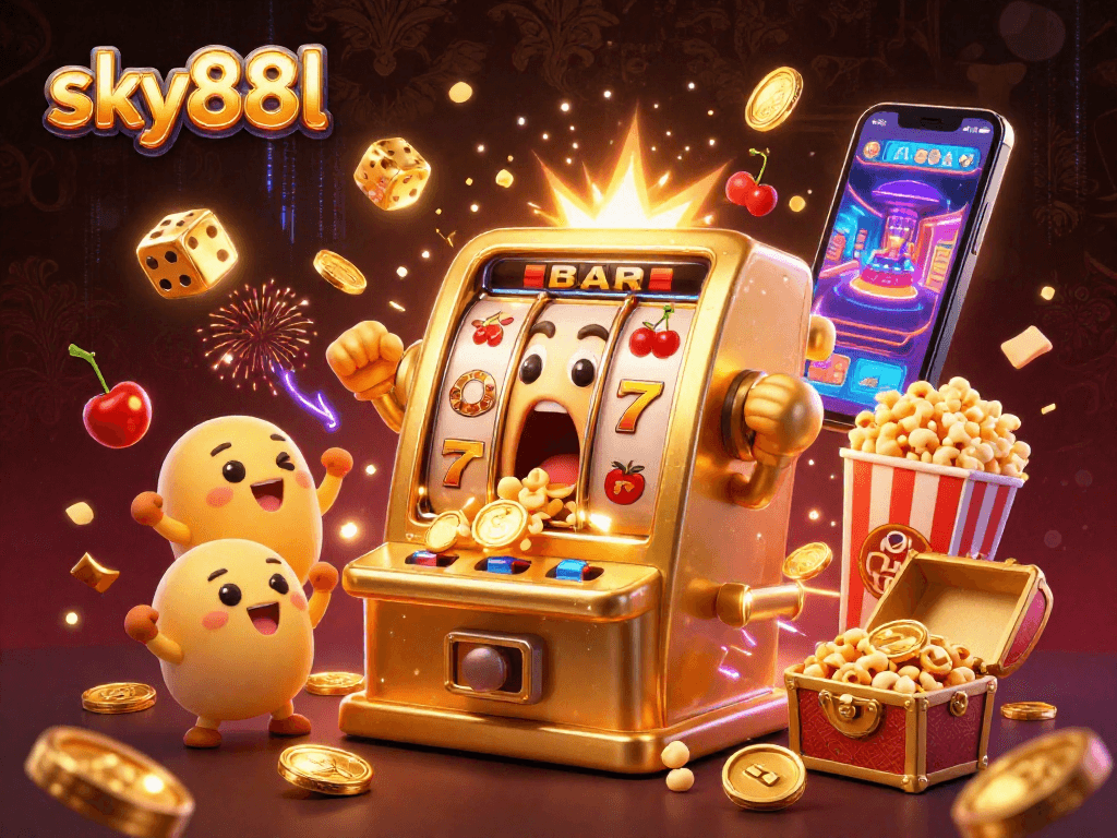 Exciting sky88l scene with a golden slot machine hitting its jackpot, coins pouring as smaller machines cheer.