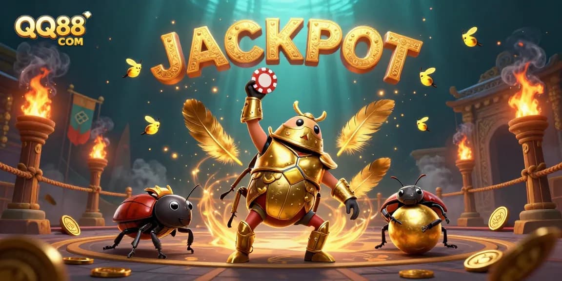 Experience thrilling gameplay at QQ88 COM with a victorious beetle champion, dynamic casino elements!