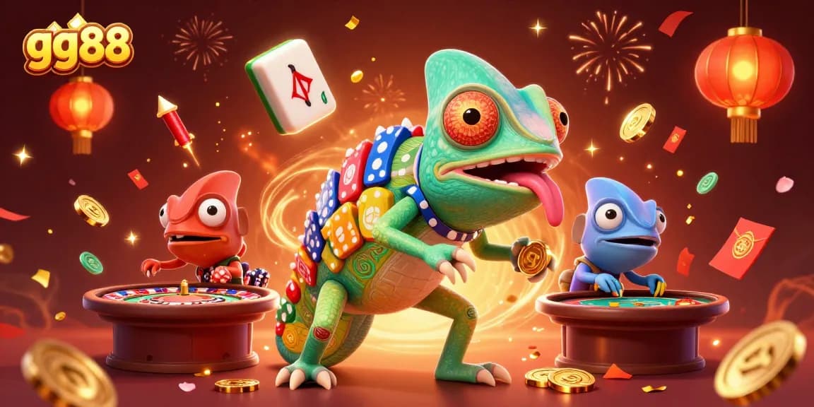 Engage with thrilling action at gg88's vibrant chameleon casino illustration, showcasing rich gaming elements and excitement.