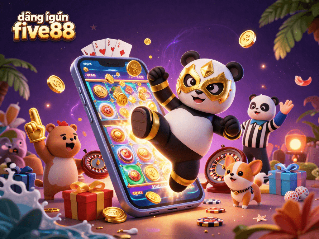 Experience the excitement of đăng nhập five88 with a dynamic scene of a panda wrestler and crypto casino elements.