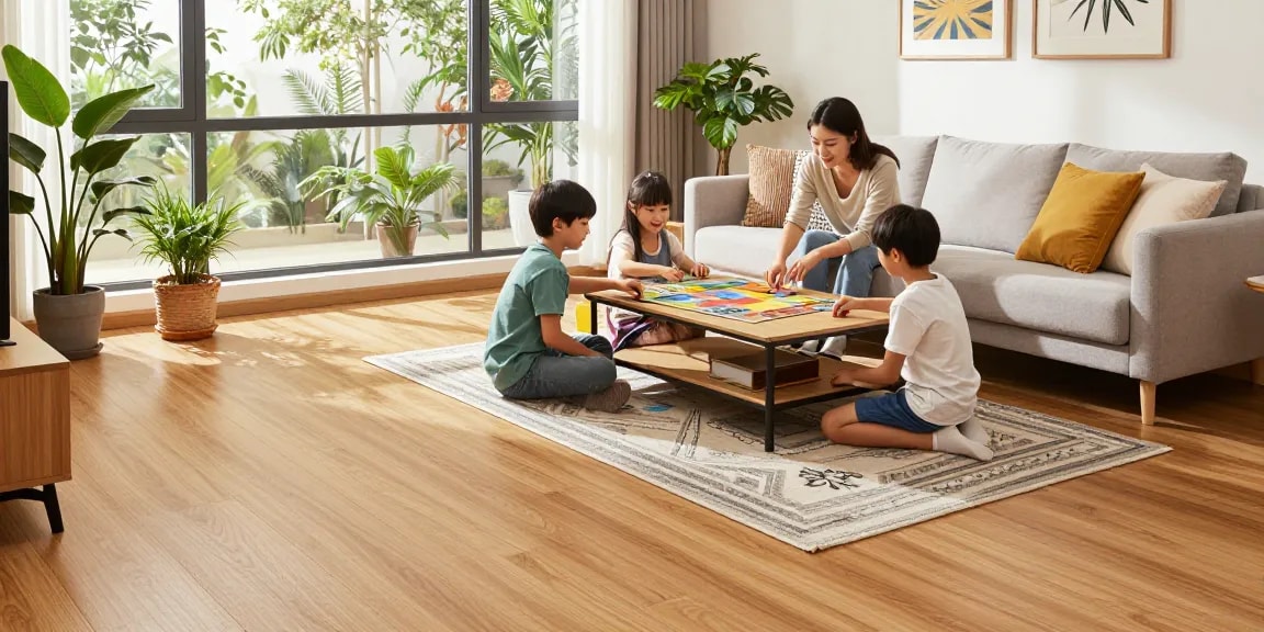 Living room with stylish wood effect flooring trends, family enjoying quality time together.