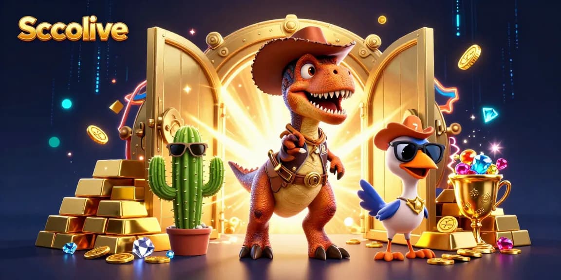 Socolive brings excitement as a T-Rex cowboy and friends discover treasure in a vibrant casino scene.