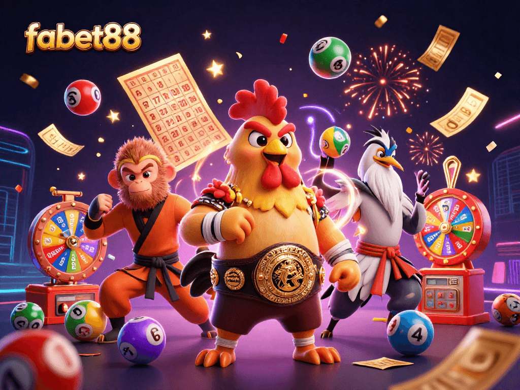 Engage in thrilling games at fabet88 with colorful lottery balls, prize wheels, and celebrating characters.