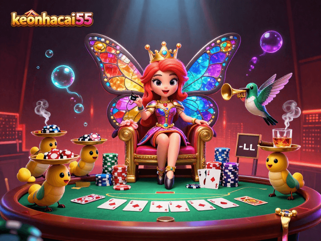 Engage with keonhacai55 in this vibrant 3D casino scene featuring a butterfly queen surrounded by poker elements.