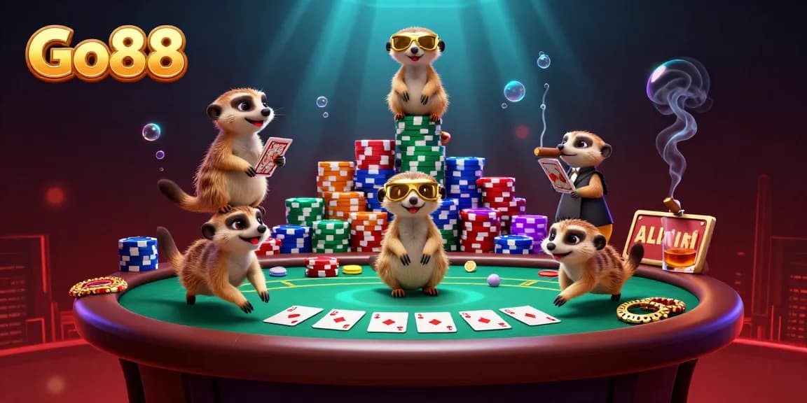 Experience excitement at Go88 as meerkats orchestrate a lively casino scene with poker tables and colorful chip stacks.