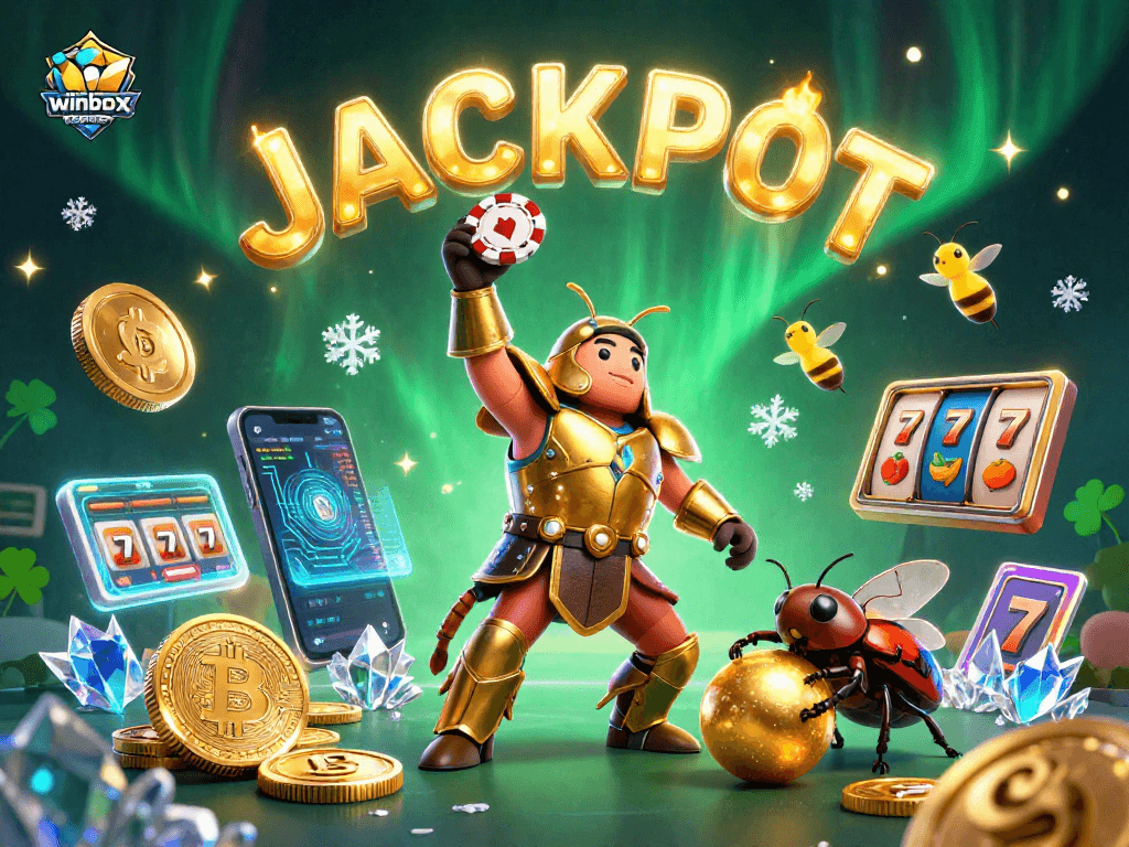 Join the fun with winbox register, featuring a Hercules beetle in victory pose amidst casino elements.