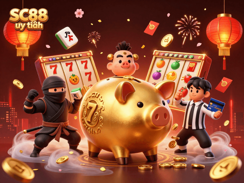 Engage in gaming excitement with SC88 uy tín featuring a dynamic scene of characters and casino elements.