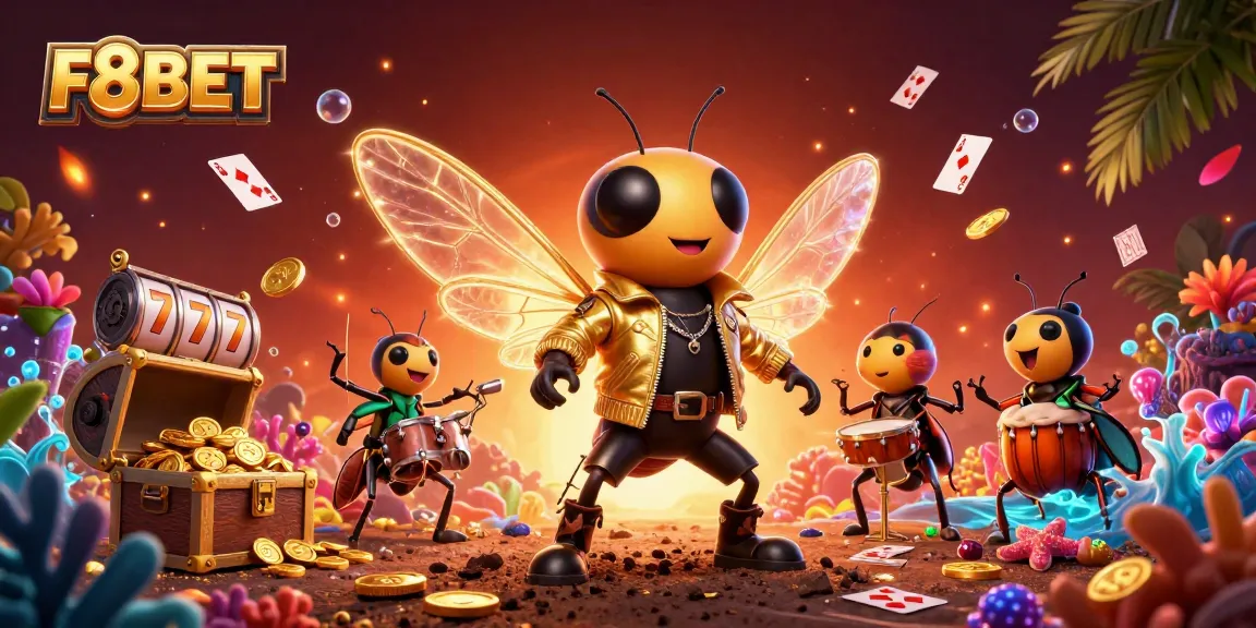 F8BET showcases a vibrant 3D casino scene with a rock star cicada, cards, and gold coins.