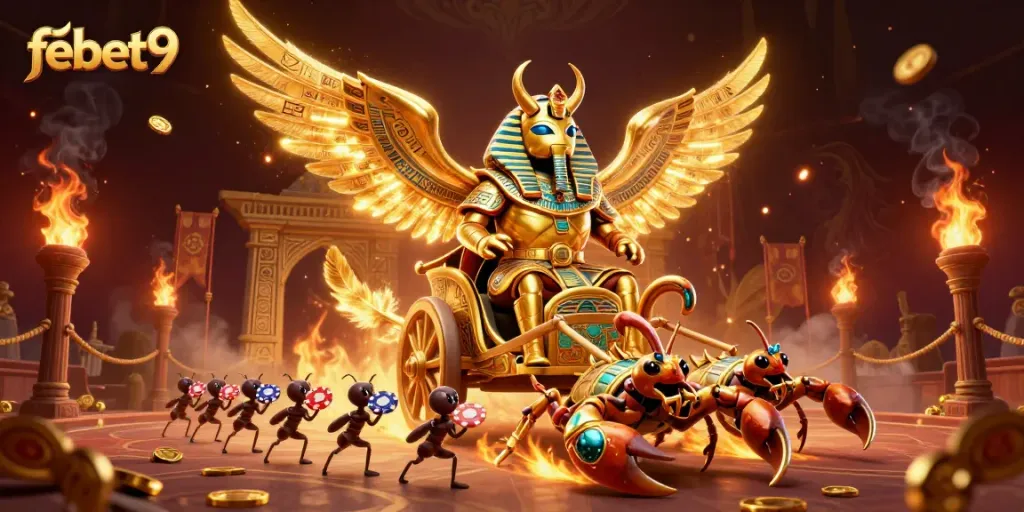Experience thrilling gameplay with febet9 in a vibrant casino-themed scene featuring a golden scarab beetle and rich elements.
