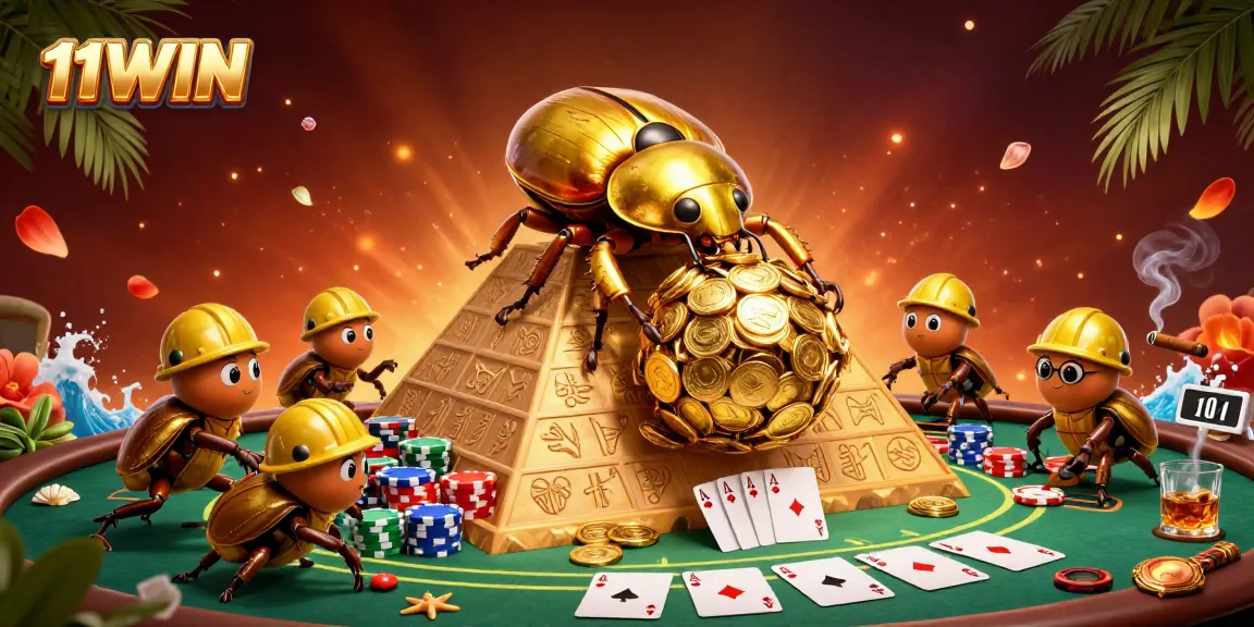 Engage in thrilling gameplay with 11WIN, featuring a golden beetle rolling coins in a vibrant casino scene.