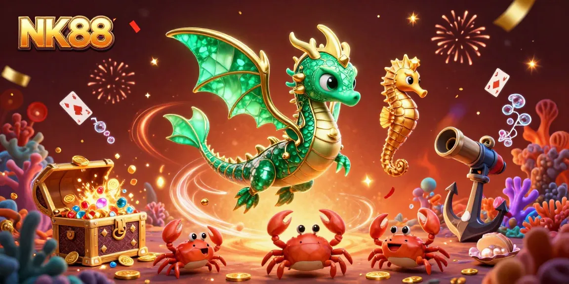 Experience the dynamic world of NK88 with a vibrant sea dragon and treasure in an engaging casino atmosphere.