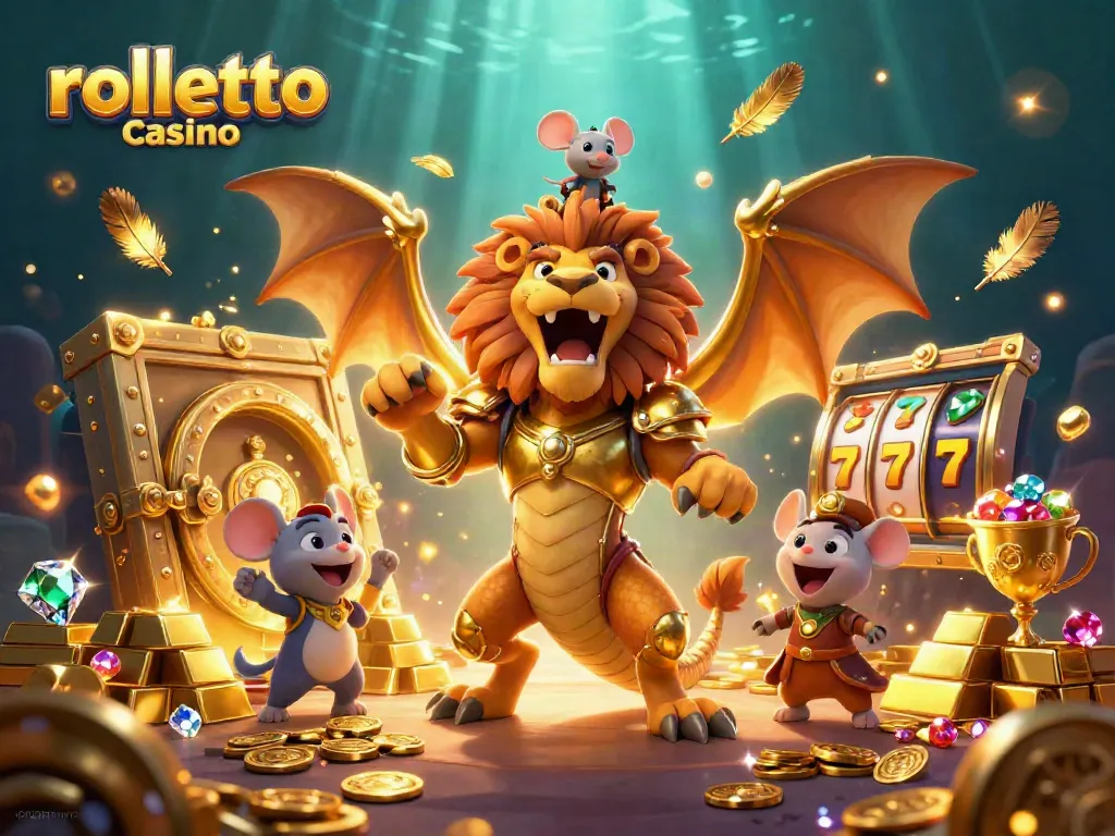 Experience the excitement of the rolletto casino with this vibrant 3D illustration featuring golden treasures and a winning chimera.