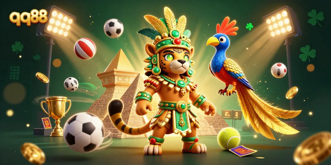 Experience the thrilling excitement of qq88 with dynamic sports betting action featuring a Mayan priest and vibrant elements.