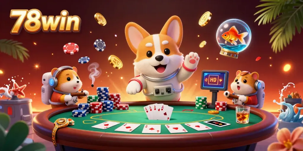 Engage in thrilling poker action with 78win's vibrant casino-themed illustration featuring an astronaut corgi and playful elements.