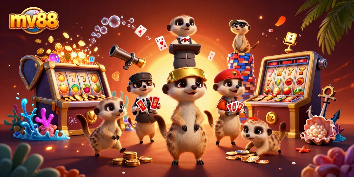 Experience the excitement of mv88's slots with meerkats in a vibrant casino scene.