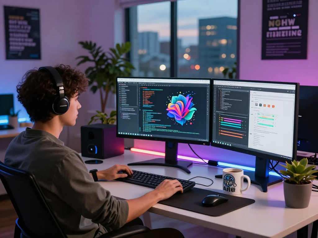 NSFW AI programming workspace with developer coding, screens showing models and data visualizations.