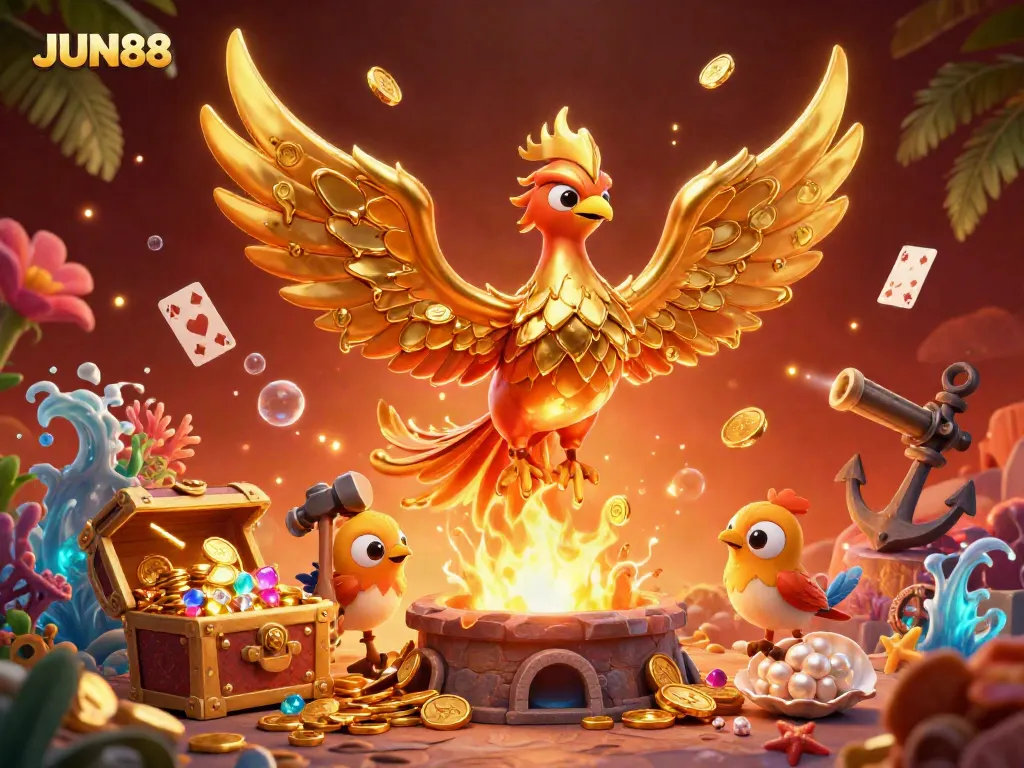 Experience excitement with licensed JUN88 casino games, featuring a molten phoenix and vibrant treasures.