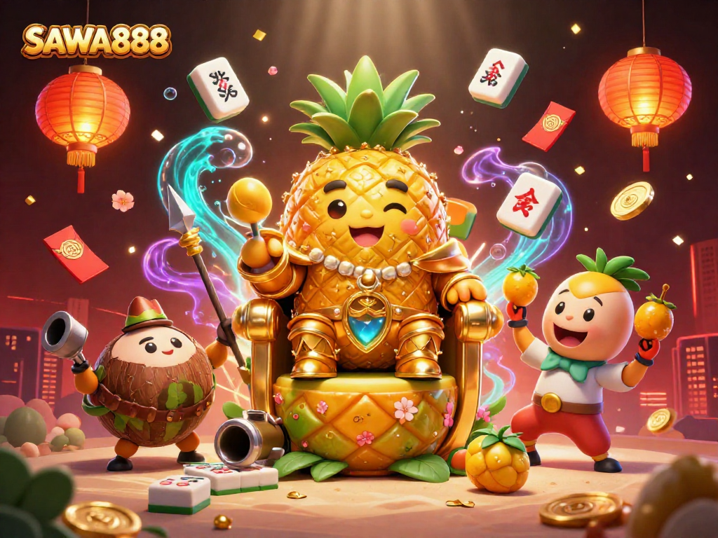 SAWA888 showcases a golden pineapple king with casino elements, presenting engaging slots gaming.