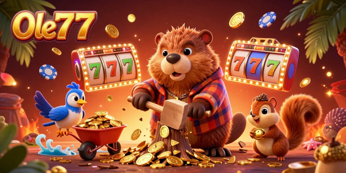 Win big at Ole777 as a cartoon beaver plays with slot reels and coins in a vibrant casino scene.