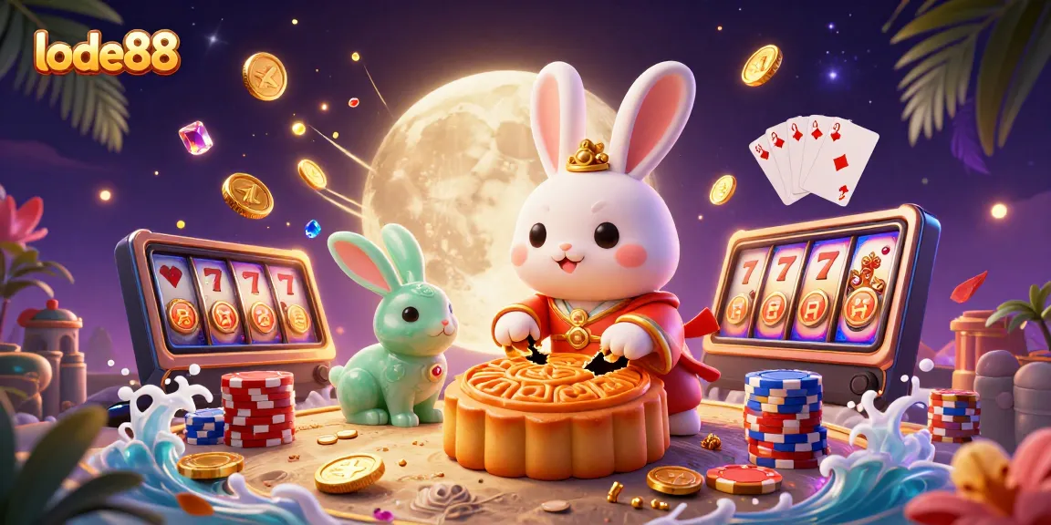 Engage with lode88's thrilling slots experience as the moon rabbit reveals poker chips amidst dazzling casino elements.