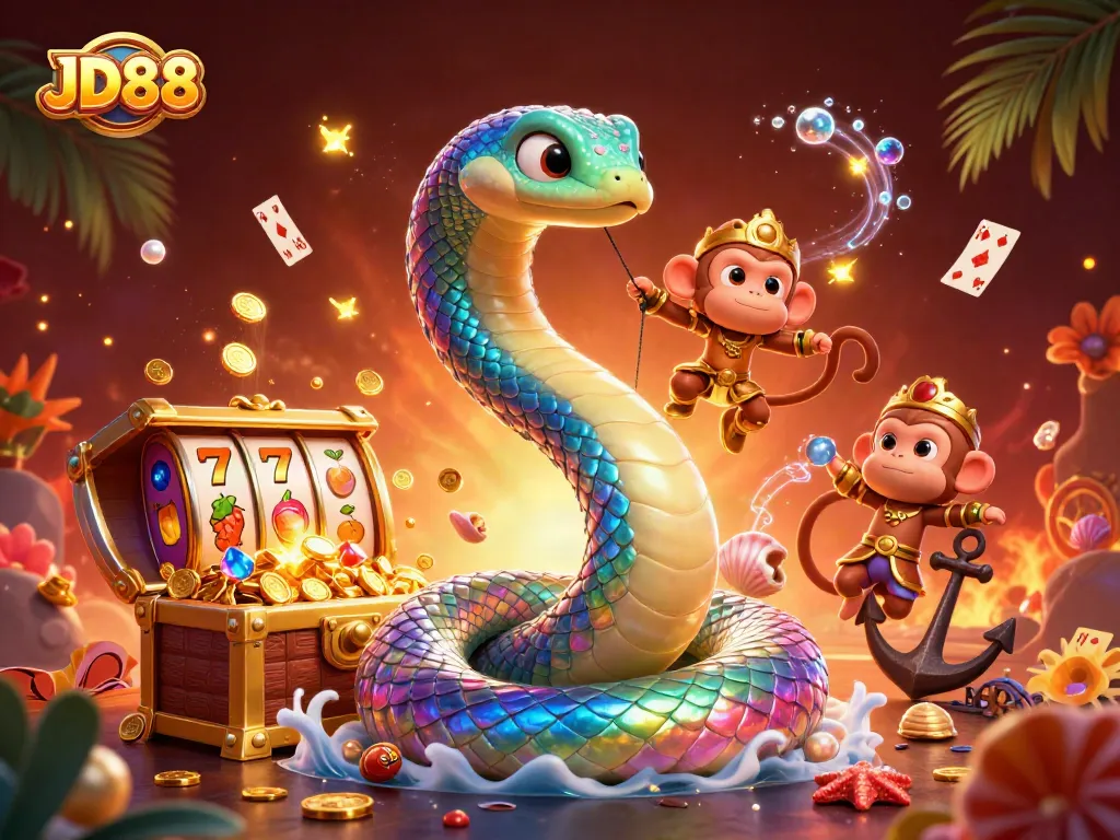 Engage with JD88's vibrant online casino featuring a colorful 3D illustration of gaming excitement.