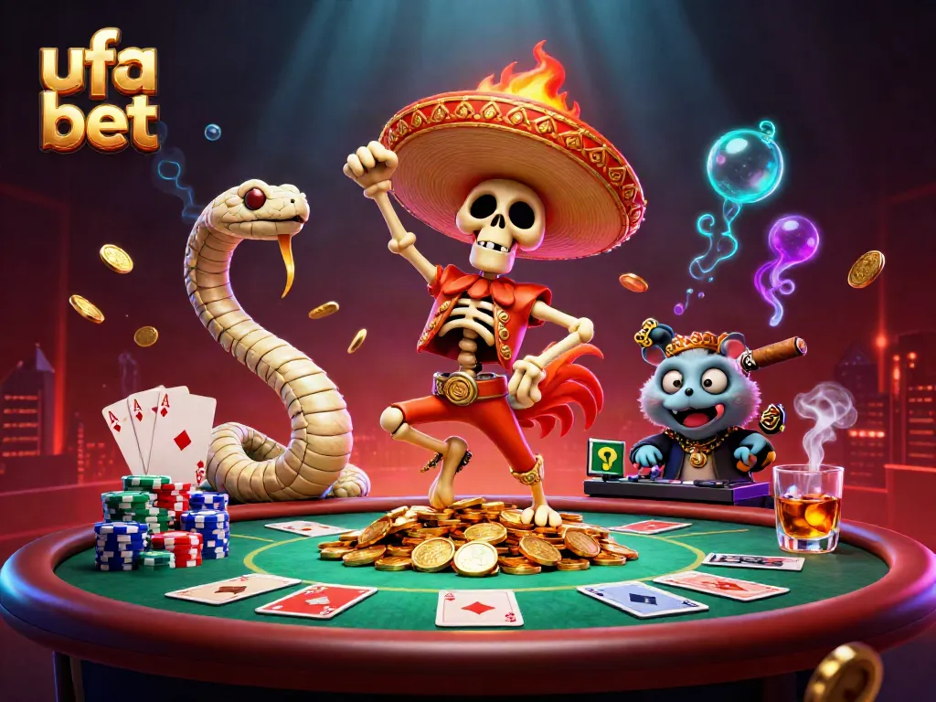 Join the excitement of ufa bet with a festive skeleton and friends celebrating on a sea of coins.