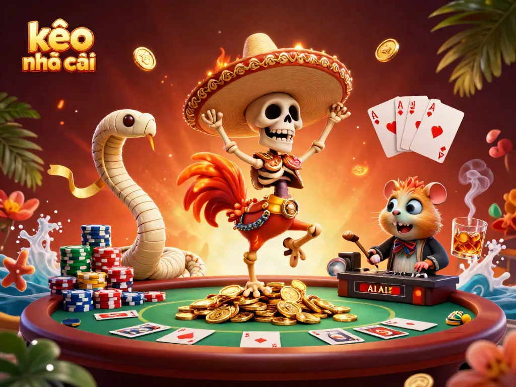 Engage with kèo nhà cái as the skeleton mariachi rooster revels on golden coins, surrounded by poker elements and vibrant characters.