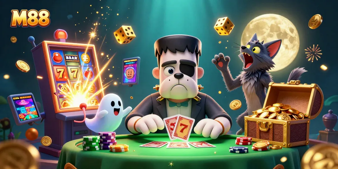M88 showcases an exciting scene with a Frankenstein bulldog dealer at a spooky casino table, surrounded by animated game symbols and vibrant casino elements.