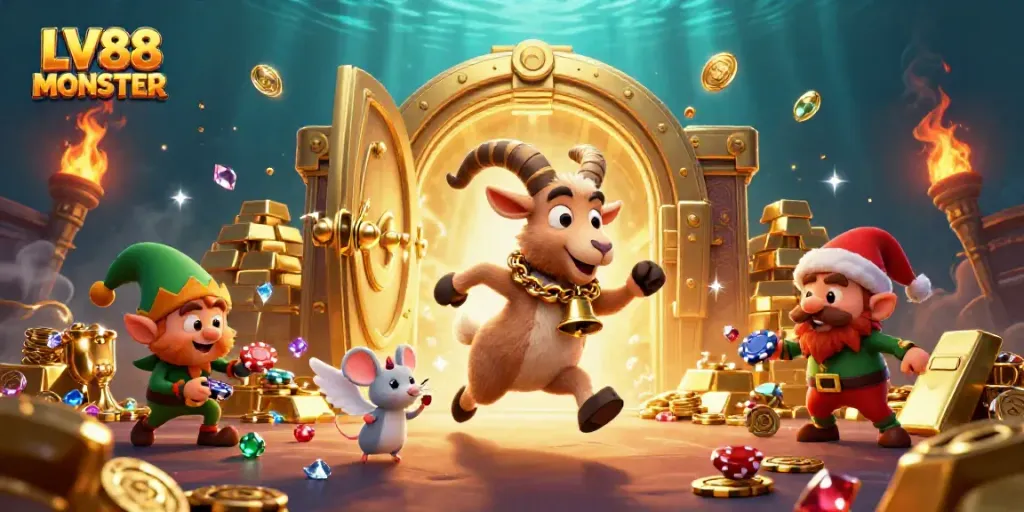 Experience the thrilling excitement of LV88 MONSTER with Krampus and festive characters in a dynamic casino scene.