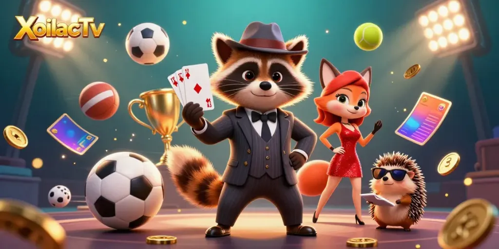 Experience thrilling action with XoilacTv, featuring a raccoon with a royal flush amid dynamic sports elements.
