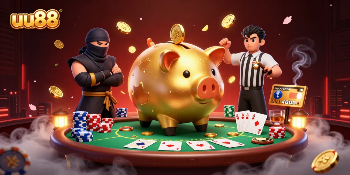 uu88 brings excitement with a golden piggy bank sumo wrestler and poker elements in a vibrant scene