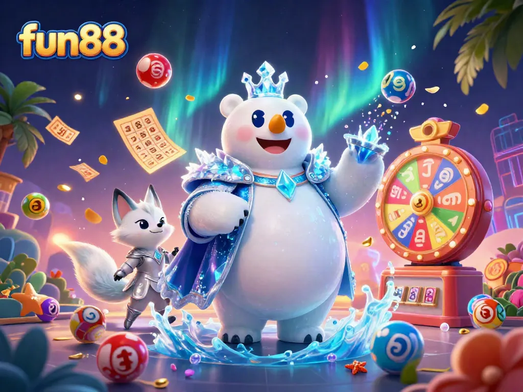 Engage with fun88's vibrant lottery-themed scene featuring playful characters and game elements.