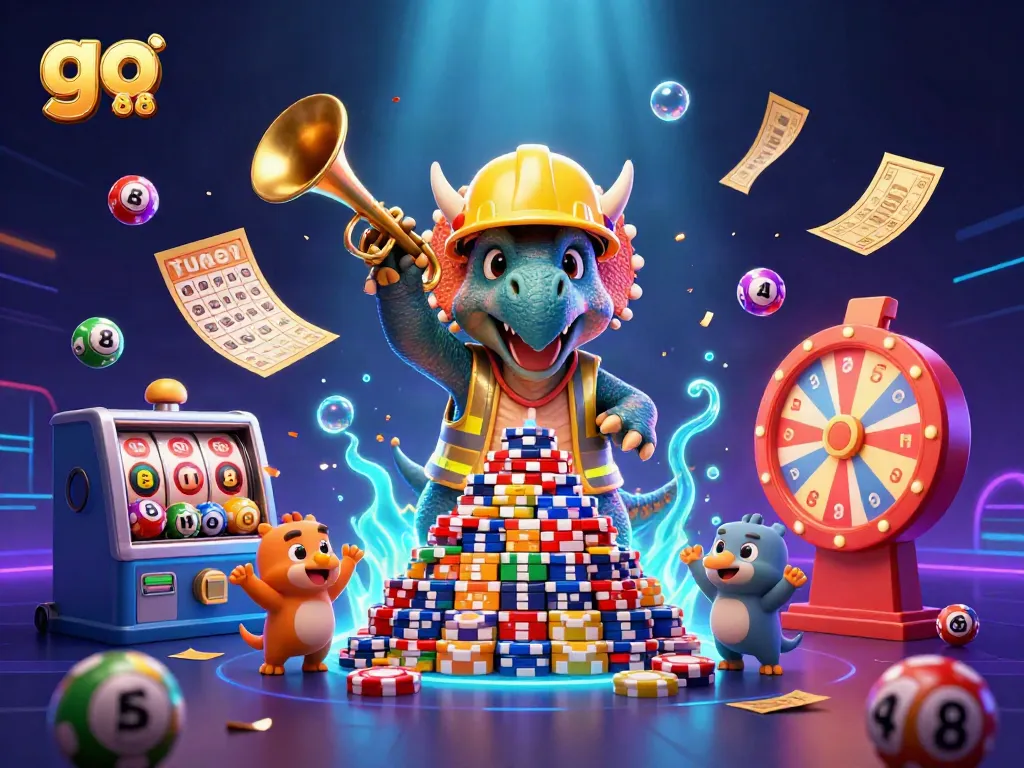 Engage with go 88 in an animated casino scene featuring dinosaurs celebrating with colorful games and lottery elements.