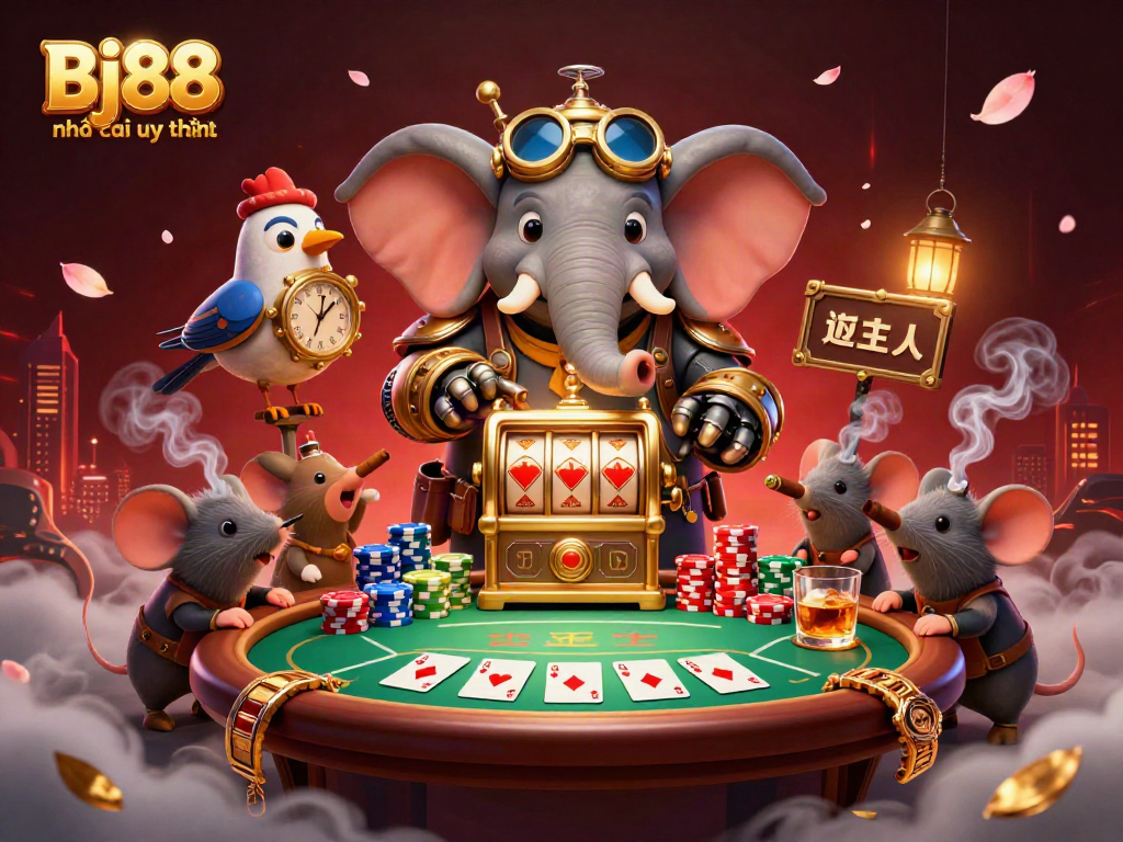 Bj88 nhà cái uy tín showcases a vibrant 3D illustration with a steampunk elephant engaging in thrilling casino gameplay.