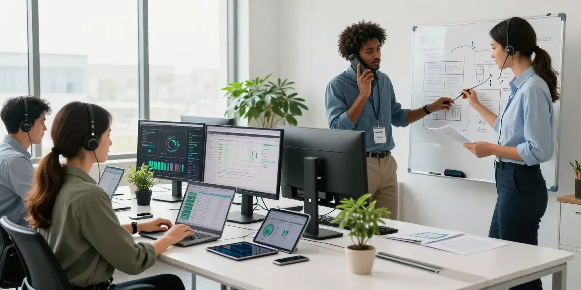 Business IT support team collaborating in a modern office with technology, enhancing productivity and teamwork.