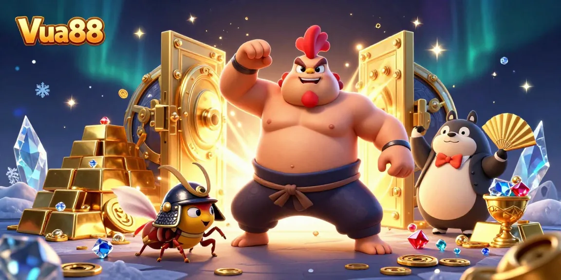 Experience Vua88's vibrant casino world with powerful characters and dazzling treasures.