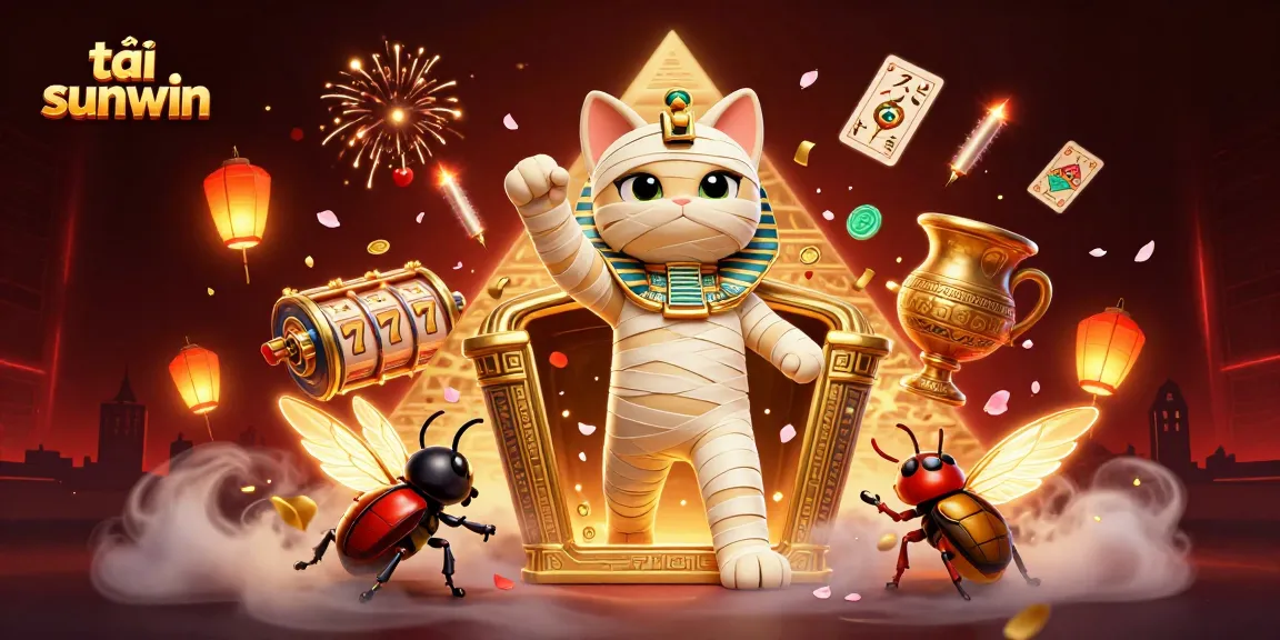 Engage in the excitement of tải sunwin with a dynamic scene featuring a cartoon mummy cat and a scarab beetle in a vibrant casino atmosphere.