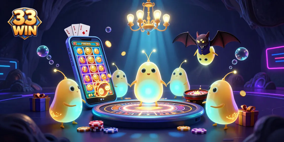 Experience 33 WIN's vibrant cave casino with glowworms lighting up games in a lively atmosphere.