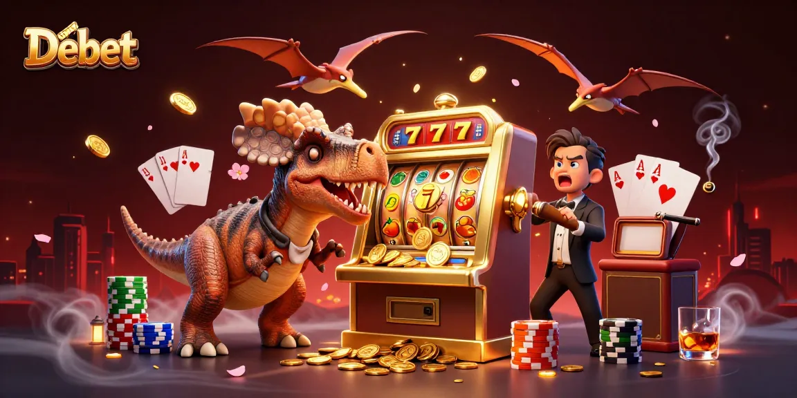 Debet features a pachycephalosaurus winning jackpots alongside a panicked manager in a vibrant casino scene.