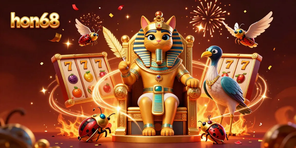 Experience exciting gameplay at hon68 with a cartoon pharaoh cat surrounded by slot elements and festive decorations.
