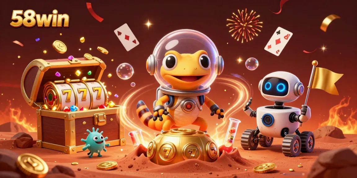 Experience the thrill of 58win with vibrant characters discovering a golden casino in a dynamic scene filled with excitement.