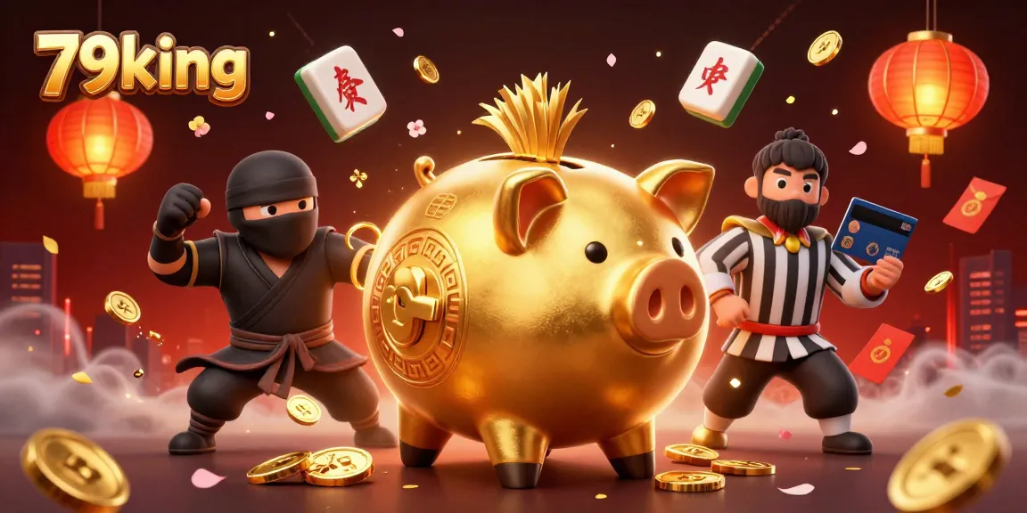 Experience the excitement of 79king with a dynamic piggy bank sumo wrestler stomping and golden coins flying!