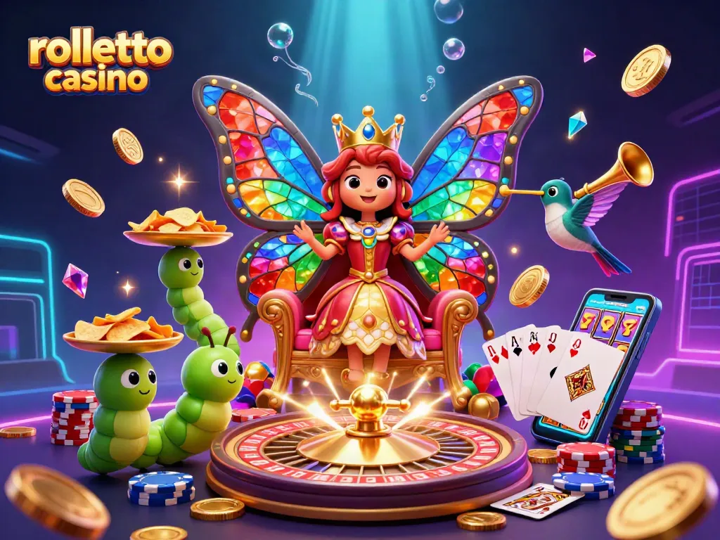 Experience the vibrant rolletto casino illustration with a butterfly queen, chips, and dynamic game elements.
