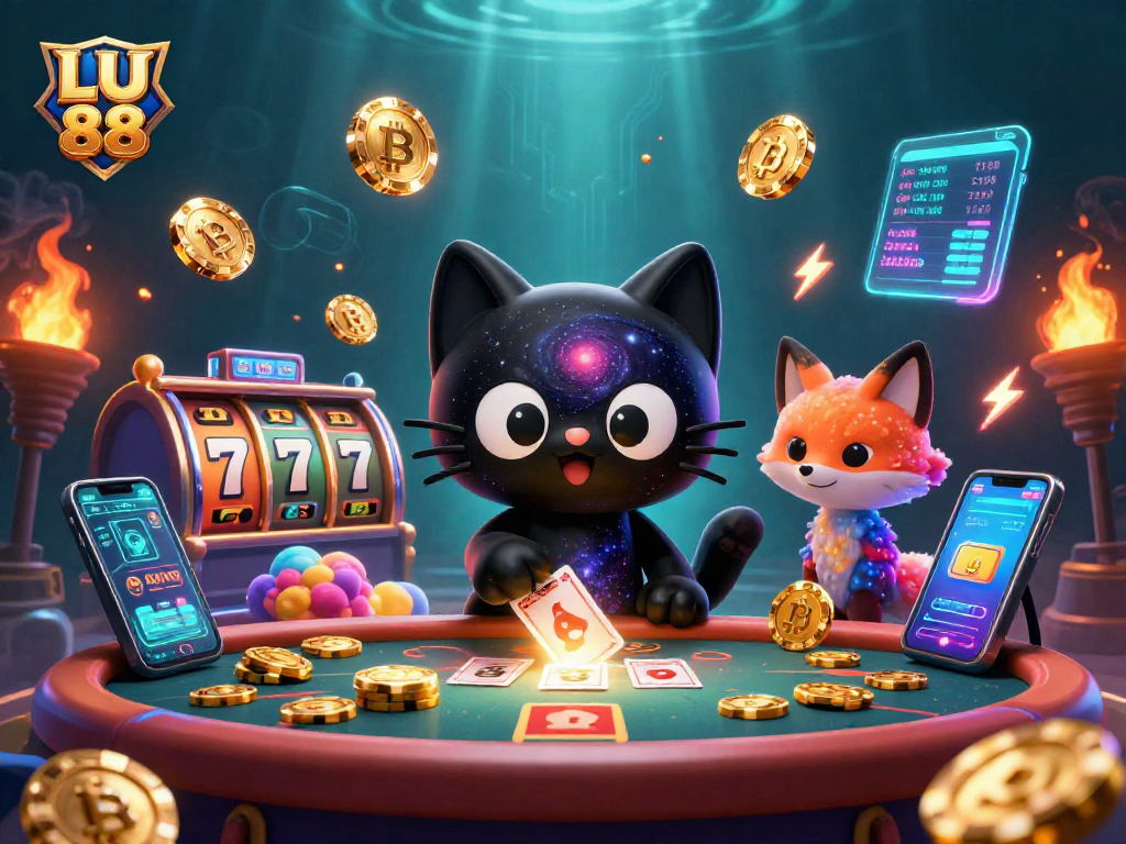 Experience the thrilling LU 88 cosmic casino as characters engage in exciting games with vibrant graphics and neon elements.