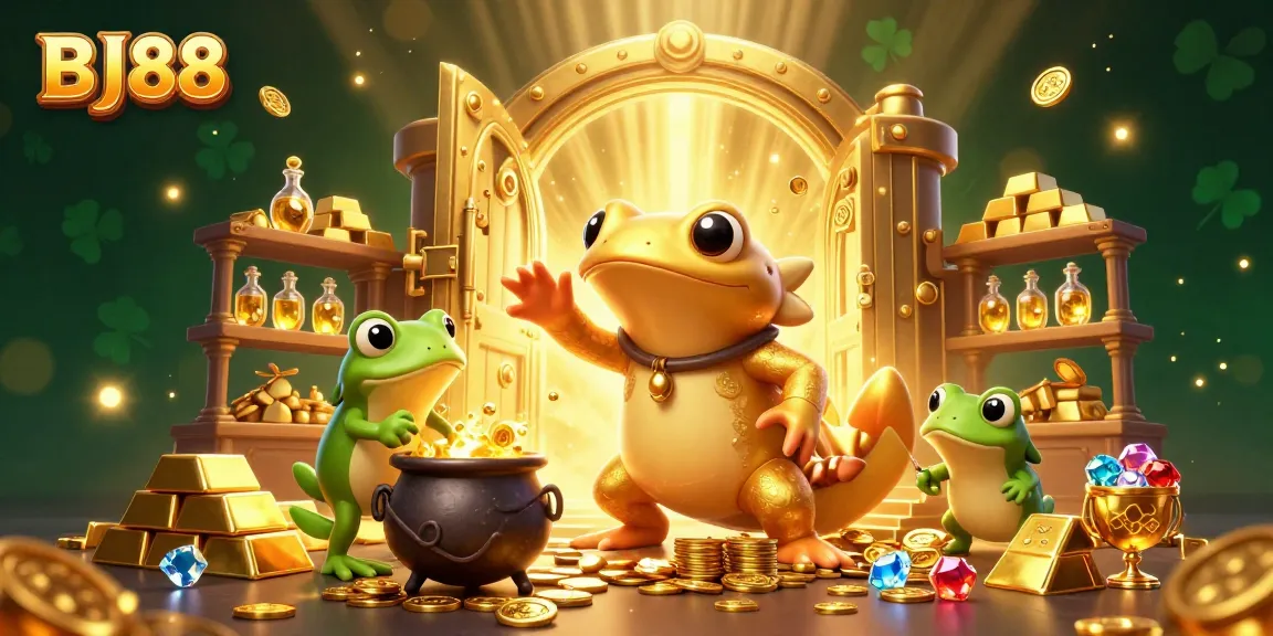 BJ88 casino scene filled with gold coins, leprechaun elements, and vibrant gems promoting exciting gaming