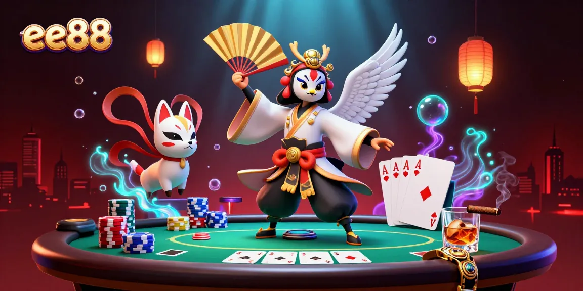Engage with the vibrant ee88 casino scene featuring a kabuki warrior and poker elements.