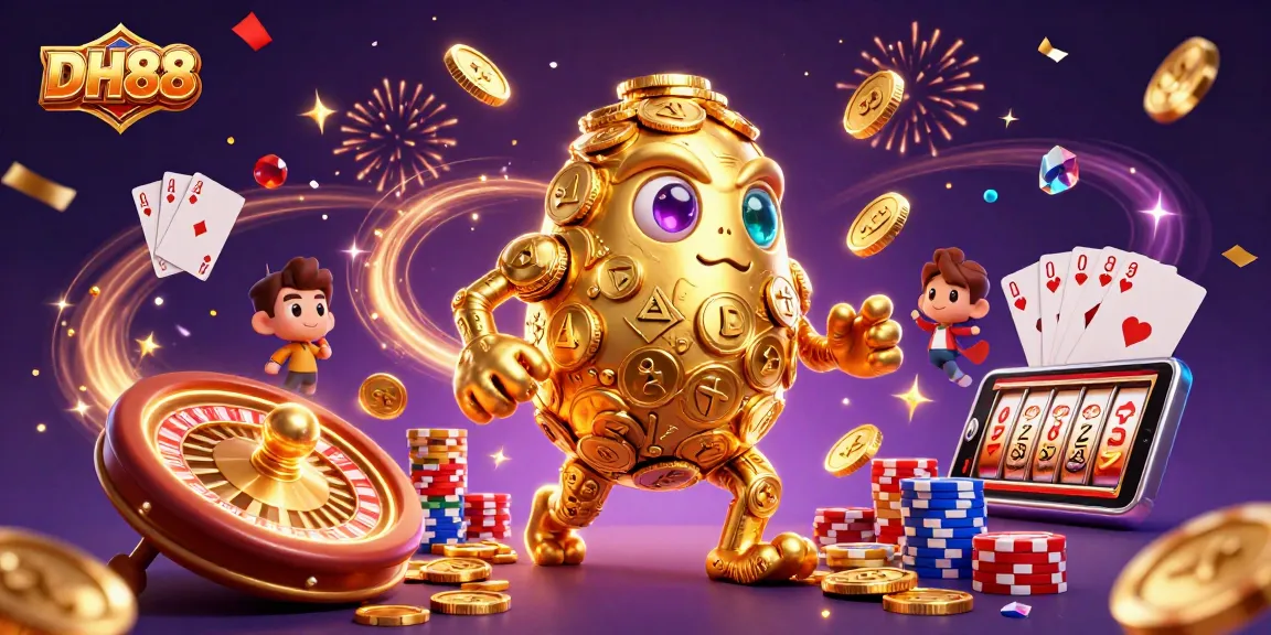 Spin to win at DH88 with a golden golem, exciting game elements, and vibrant casino action.